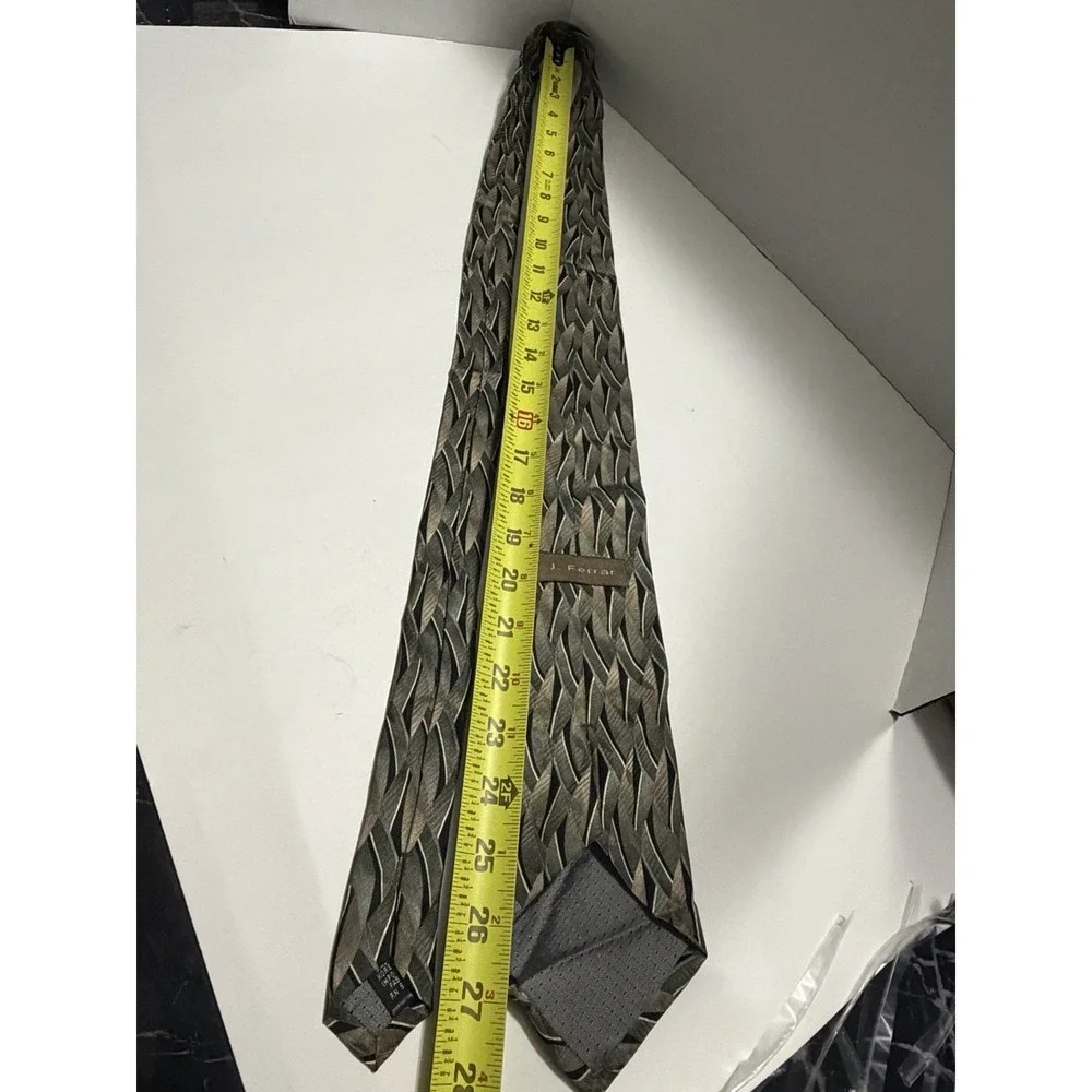 J. Ferrar Mens Silk Necktie Olive Green Taupe Geometric Woven Pattern Tie